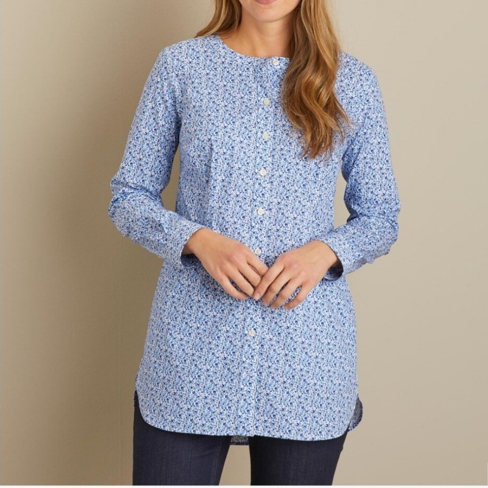 Duluth Trading NAVY PINK PINEAPPLE Print Wrinklefighter Button Front Tunic